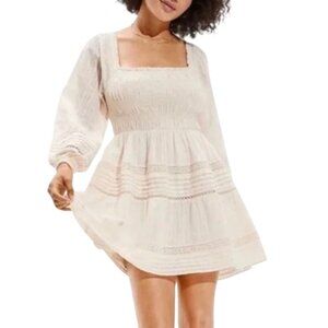 American Eagle Smocked Mini Dress Lace Trim Long Sleeve Cream Size XS